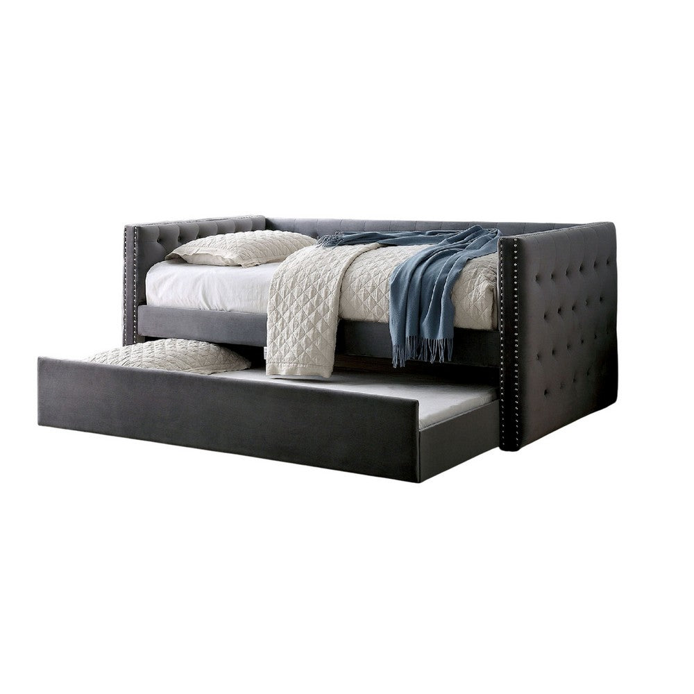 Suzo Daybed with Trundle, Gray Flannelette Upholstery, Nailhead Trim - BM328860