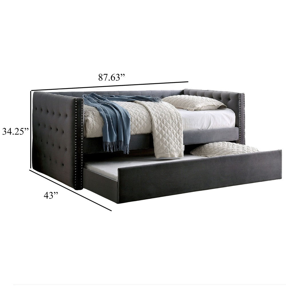 Suzo Daybed with Trundle, Gray Flannelette Upholstery, Nailhead Trim - BM328860