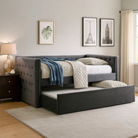 Suzo Daybed with Trundle, Gray Flannelette Upholstery, Nailhead Trim - BM328860