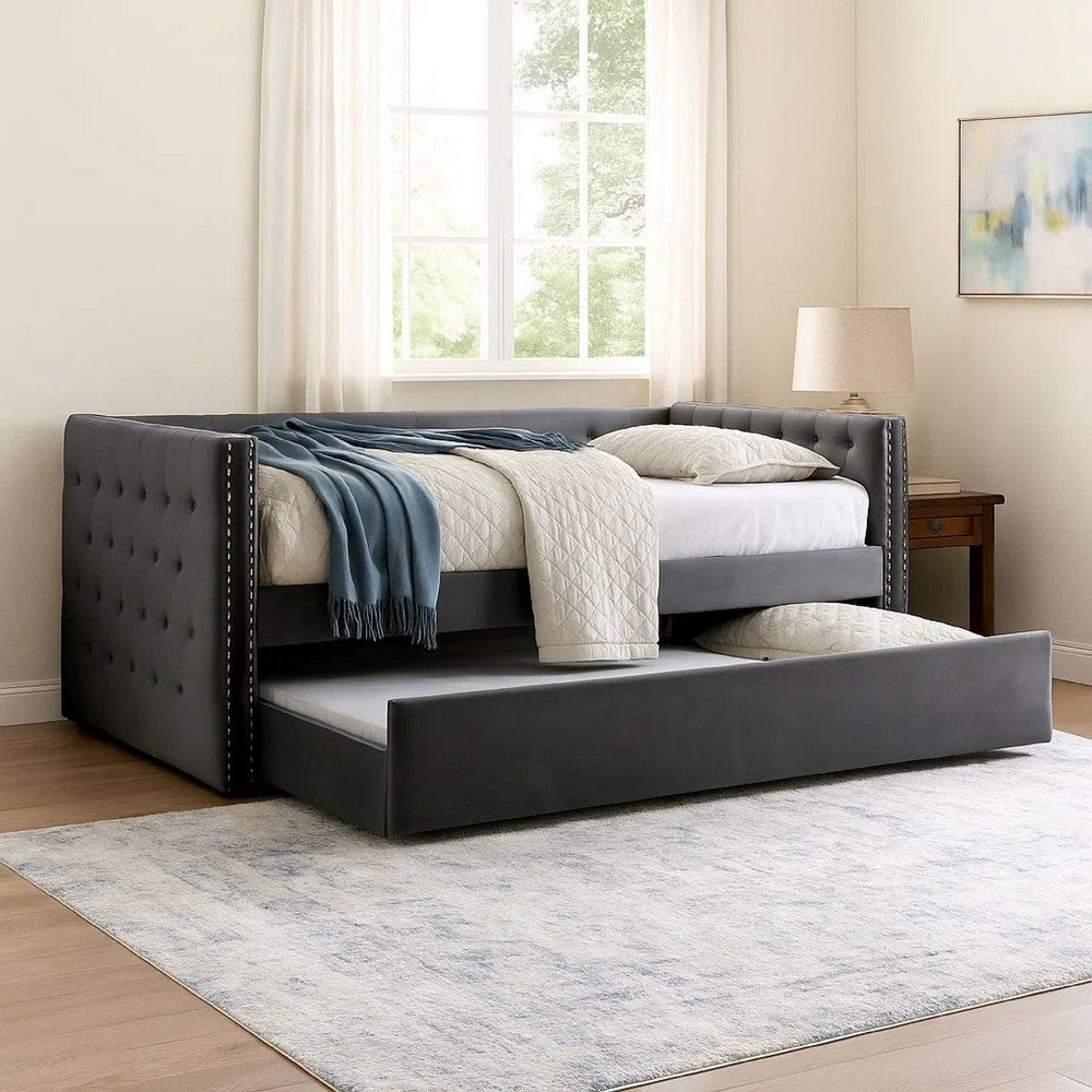 Suzo Daybed with Trundle, Gray Flannelette Upholstery, Nailhead Trim - BM328860