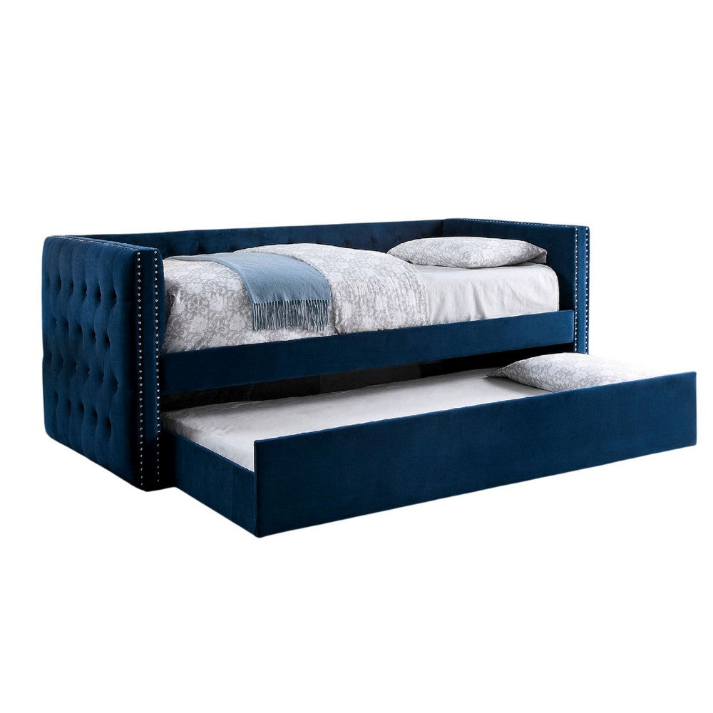 Suzo Daybed with Trundle, Blue Flannelette Upholstery, Nailhead Trim - BM328861