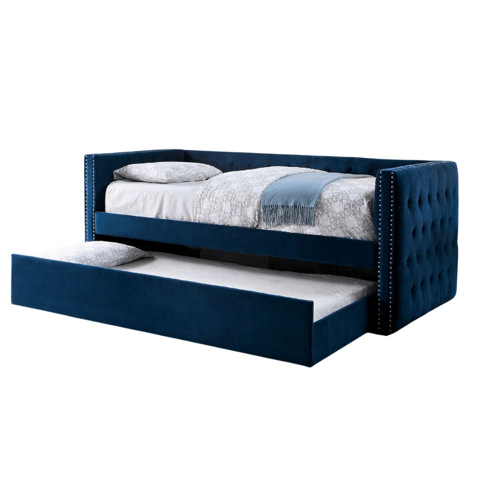 Suzo Daybed with Trundle, Blue Flannelette Upholstery, Nailhead Trim - BM328861