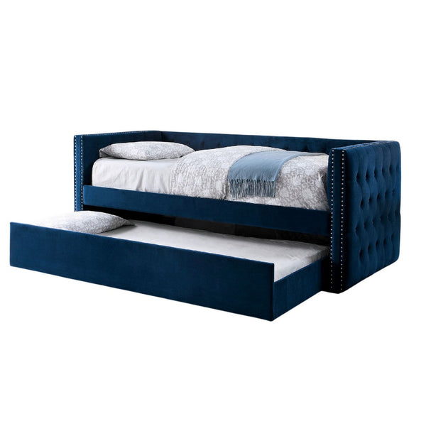 Suzo Daybed with Trundle, Blue Flannelette Upholstery, Nailhead Trim - BM328861