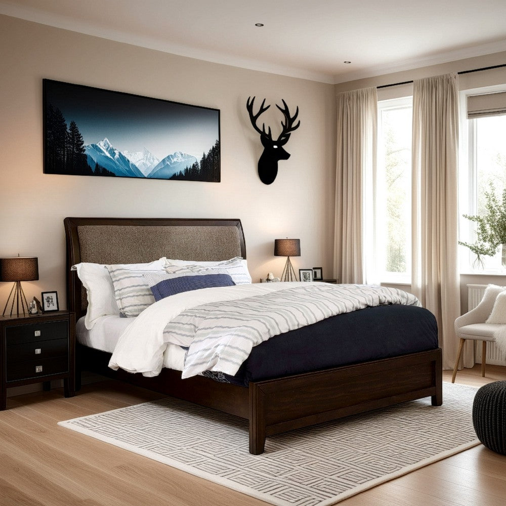 Amie Queen Size Bed, Modern Upholstered Headboard, Brown Solid Wood - BM328882