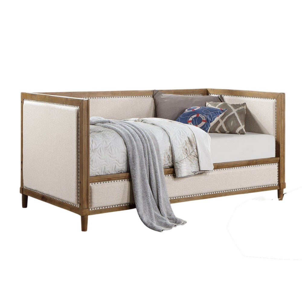Kyra Twin Daybed with Nailhead Trim, Light Oak Pinewood, Beige Fabric - BM328907