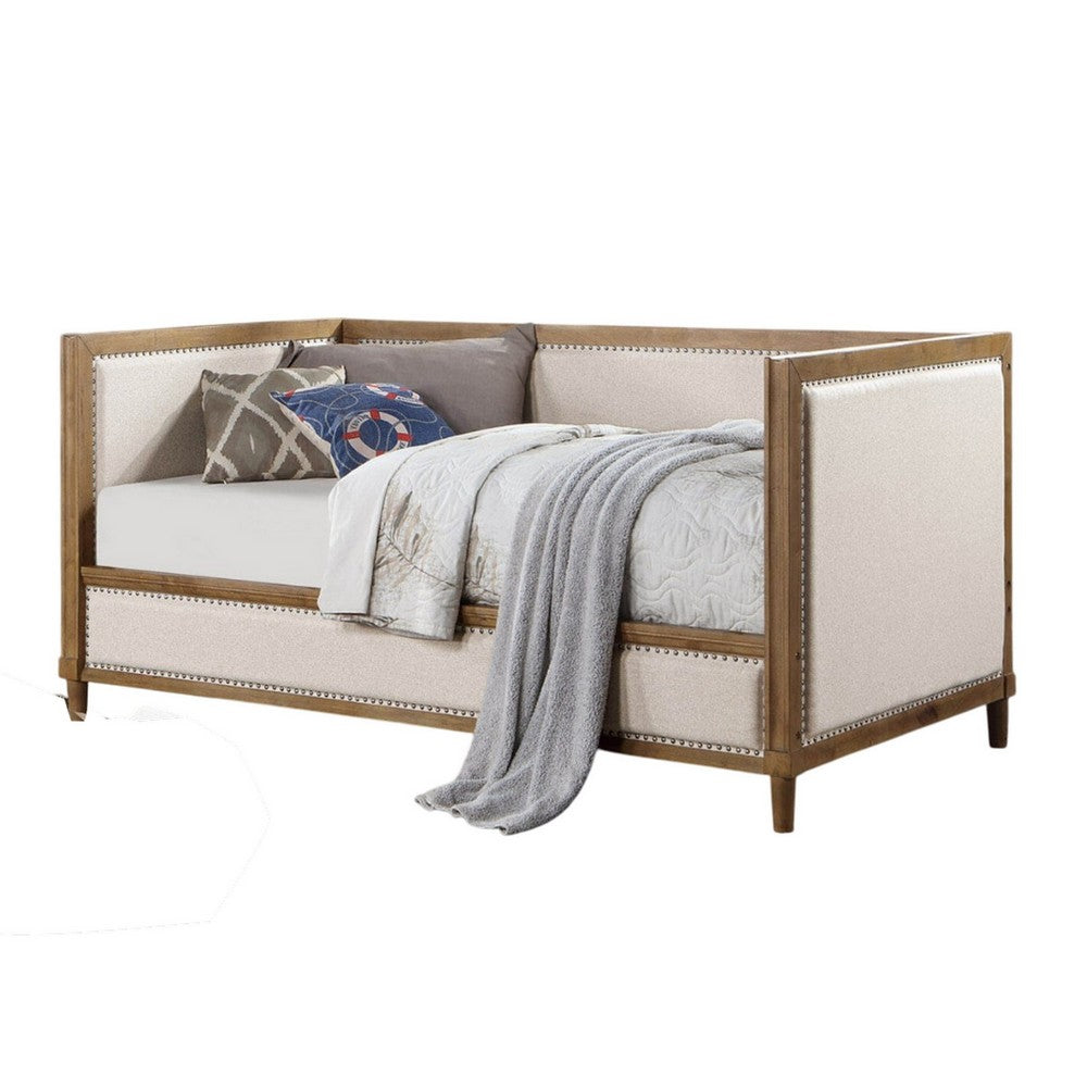 Kyra Twin Daybed with Nailhead Trim, Light Oak Pinewood, Beige Fabric - BM328907
