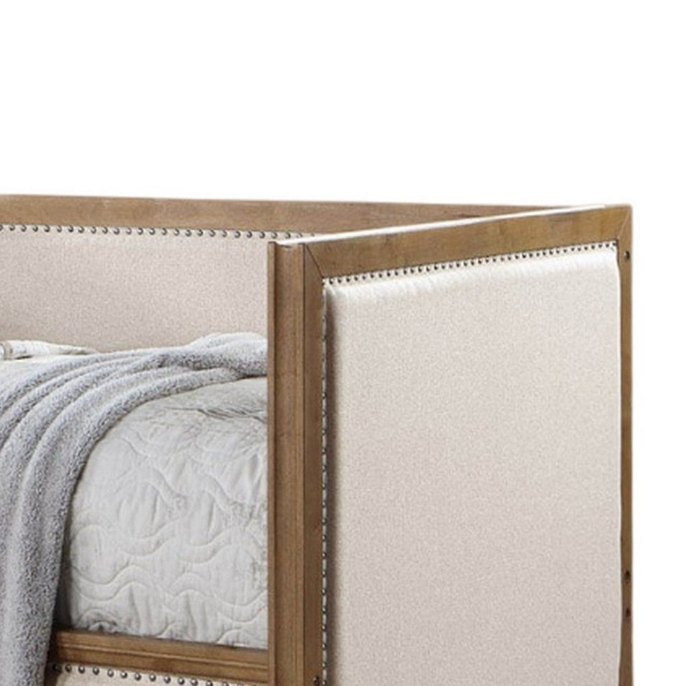 Kyra Twin Daybed with Nailhead Trim, Light Oak Pinewood, Beige Fabric - BM328907