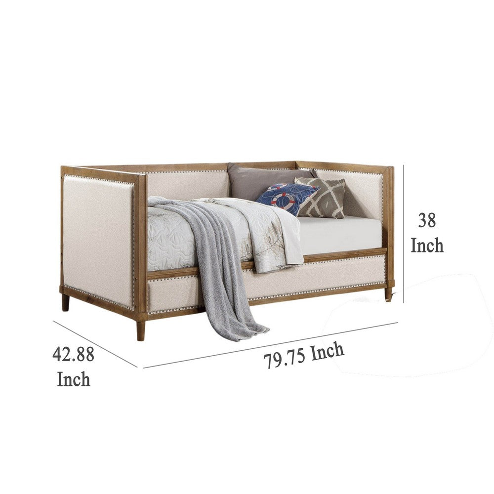Kyra Twin Daybed with Nailhead Trim, Light Oak Pinewood, Beige Fabric - BM328907