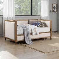 Kyra Twin Daybed with Nailhead Trim, Light Oak Pinewood, Beige Fabric - BM328907