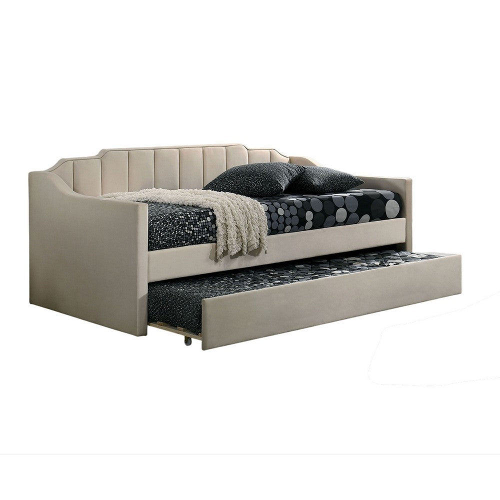 Oren Twin Daybed with Staircase Headboard, Beige Channel Tufted Fabric - BM328909