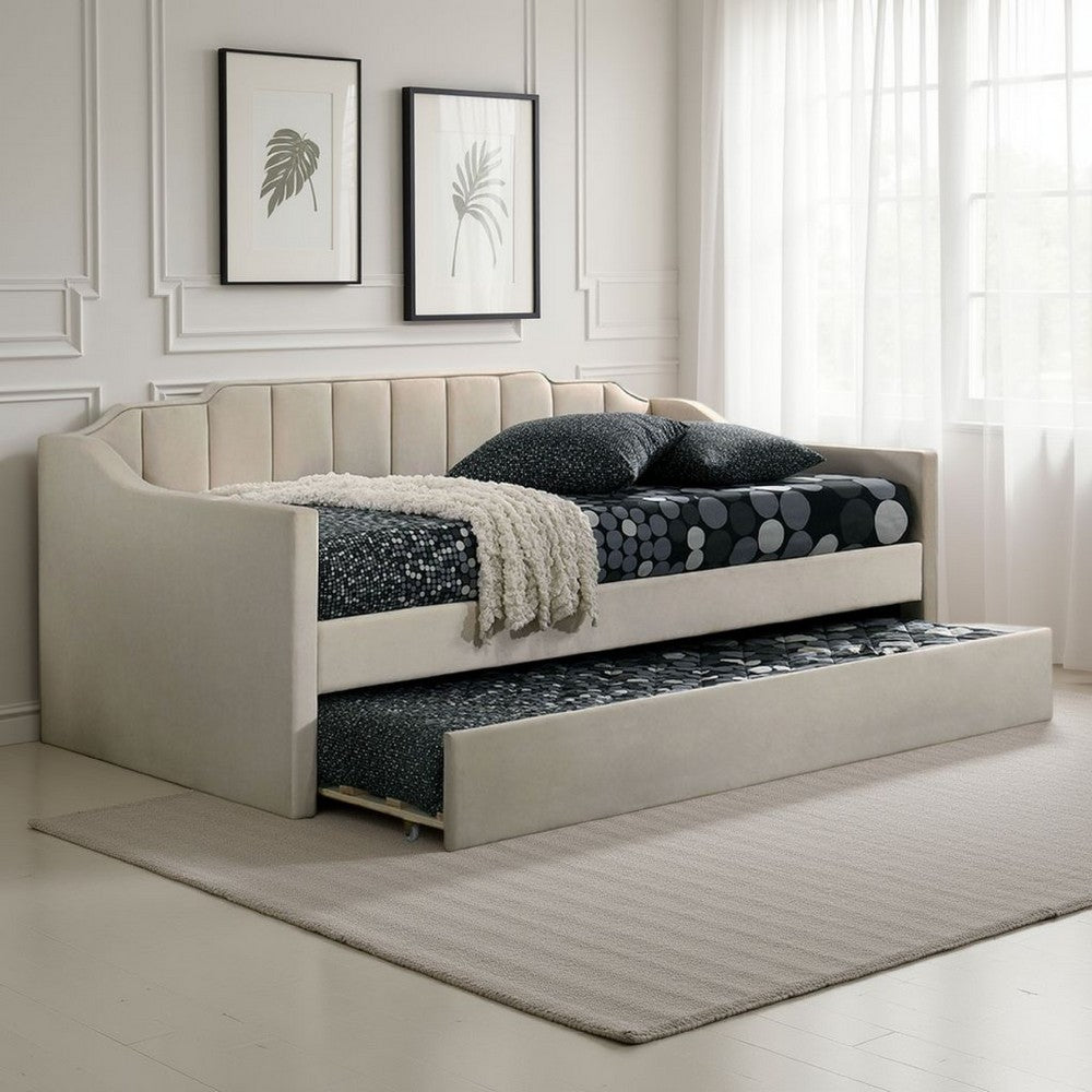 Oren Twin Daybed with Staircase Headboard, Beige Channel Tufted Fabric - BM328909