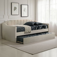 Oren Twin Daybed with Staircase Headboard, Beige Channel Tufted Fabric - BM328909