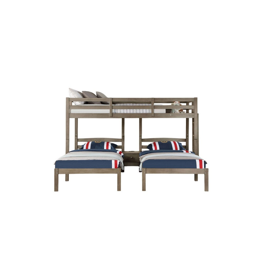 Tenn Triple Twin Bunk Bed, Built In Nightstand and USB Port, Gray Wood - BM328916