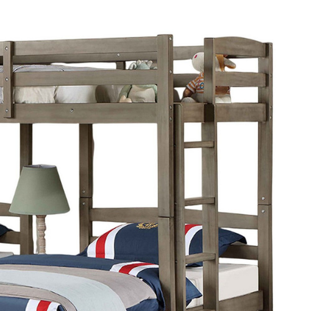 Tenn Triple Twin Bunk Bed, Built In Nightstand and USB Port, Gray Wood - BM328916