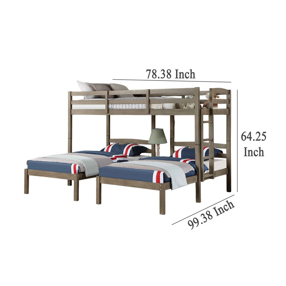 Tenn Triple Twin Bunk Bed, Built In Nightstand and USB Port, Gray Wood - BM328916