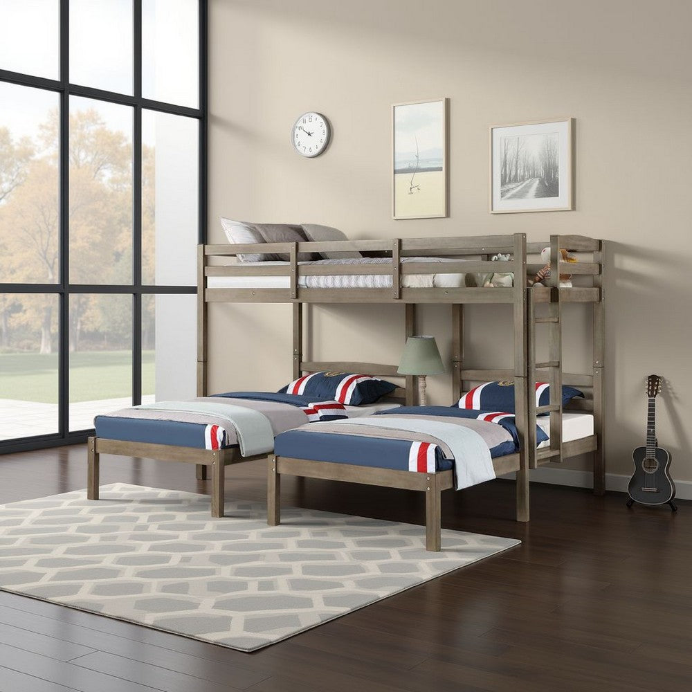 Tenn Triple Twin Bunk Bed, Built In Nightstand and USB Port, Gray Wood - BM328916
