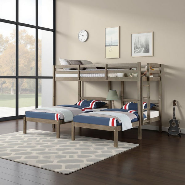 Tenn Triple Twin Bunk Bed, Built In Nightstand and USB Port, Gray Wood - BM328916