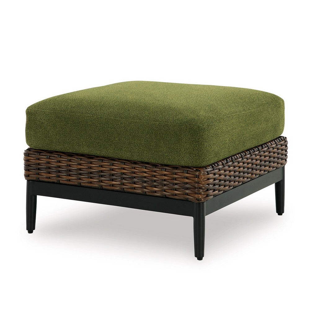 Izon Outdoor Ottoman, Brown Woven Wicker, Green Polyester, 28 Inch -BM328983
