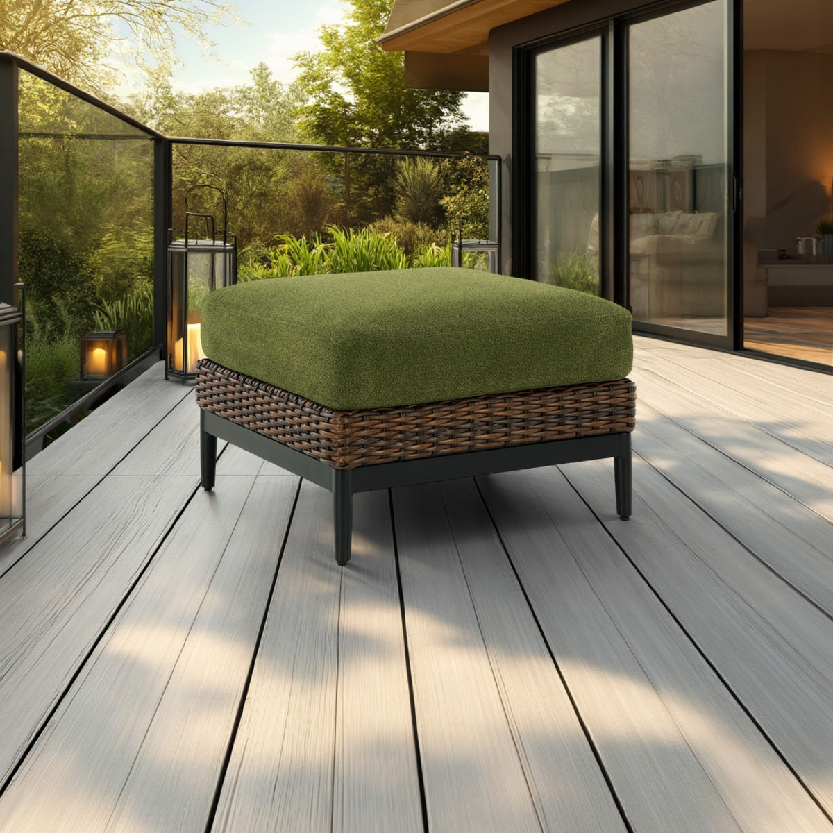 Izon Outdoor Ottoman, Brown Woven Wicker, Green Polyester, 28 Inch -BM328983