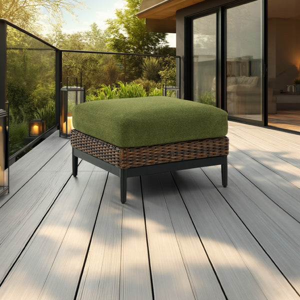 Izon Outdoor Ottoman, Brown Woven Wicker, Green Polyester, 28 Inch -BM328983
