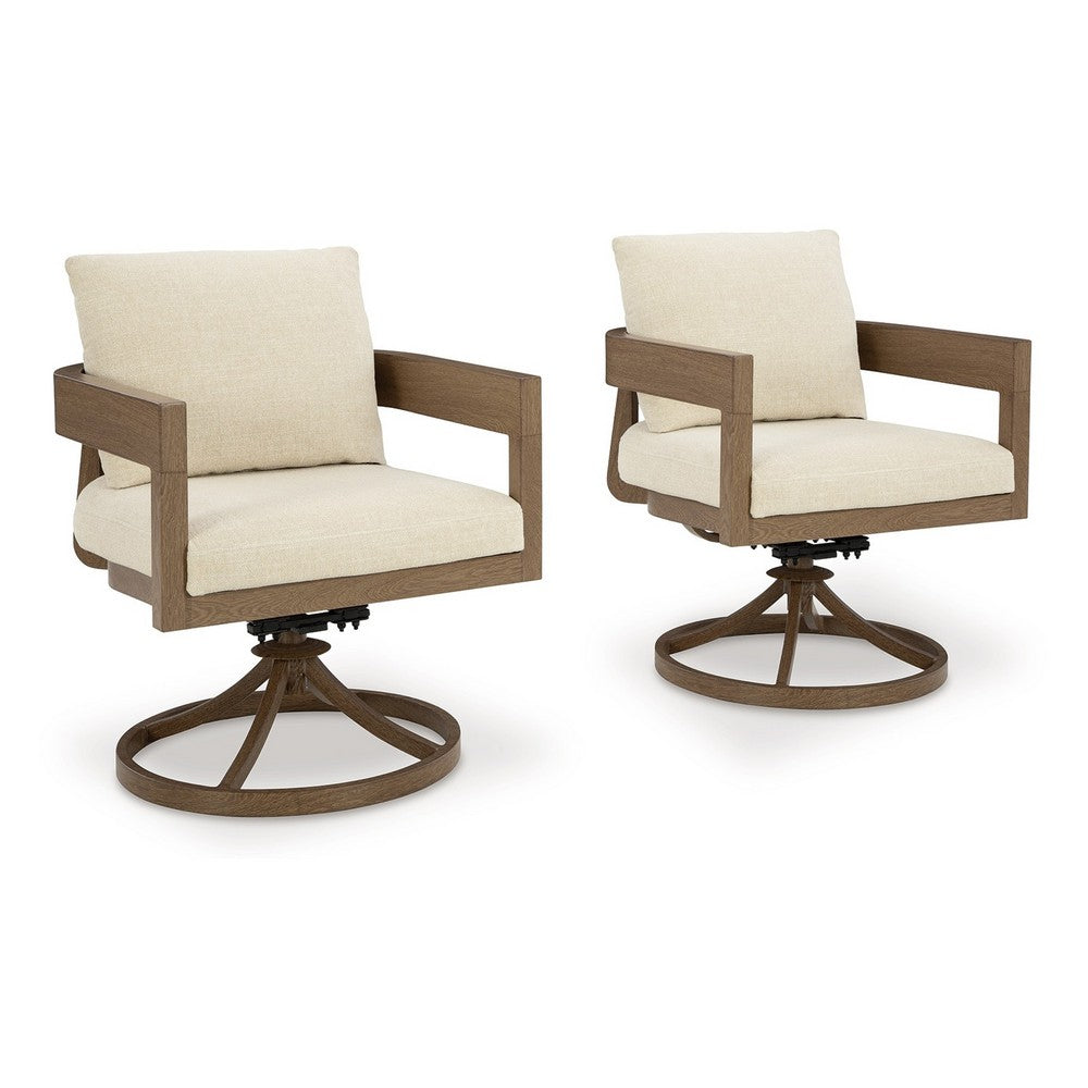 Baily Outdoor Swivel Chair Set of 2, Brown Metal, Cream White Fabric -BM328988