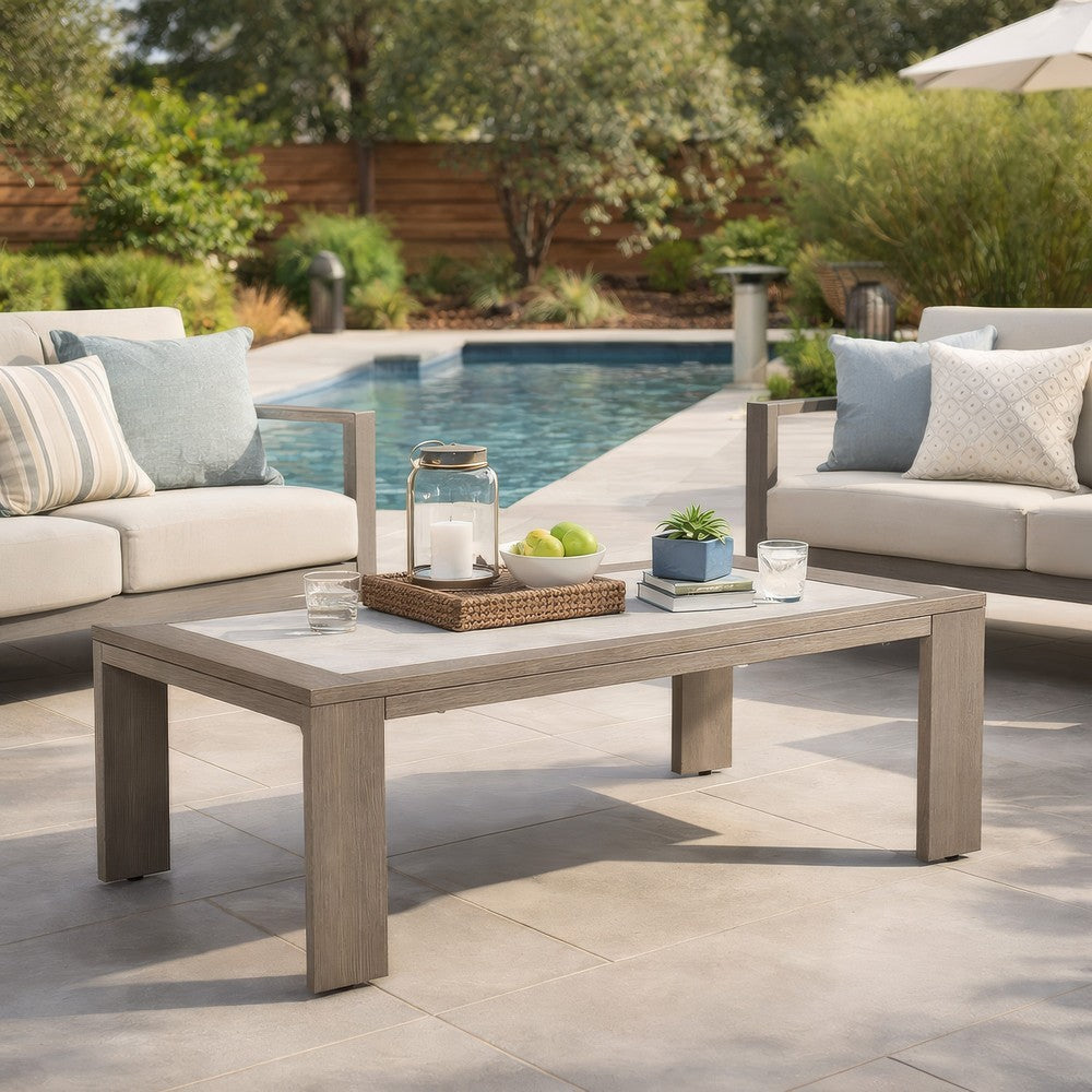 Isle Outdoor Cocktail Coffee Table, Woodlike Gray Brown Metal, 48 Inch -BM329001