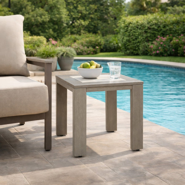 Isle Outdoor Square End Table, Woodlike Grayish Brown Metal, 22 Inch -BM329002