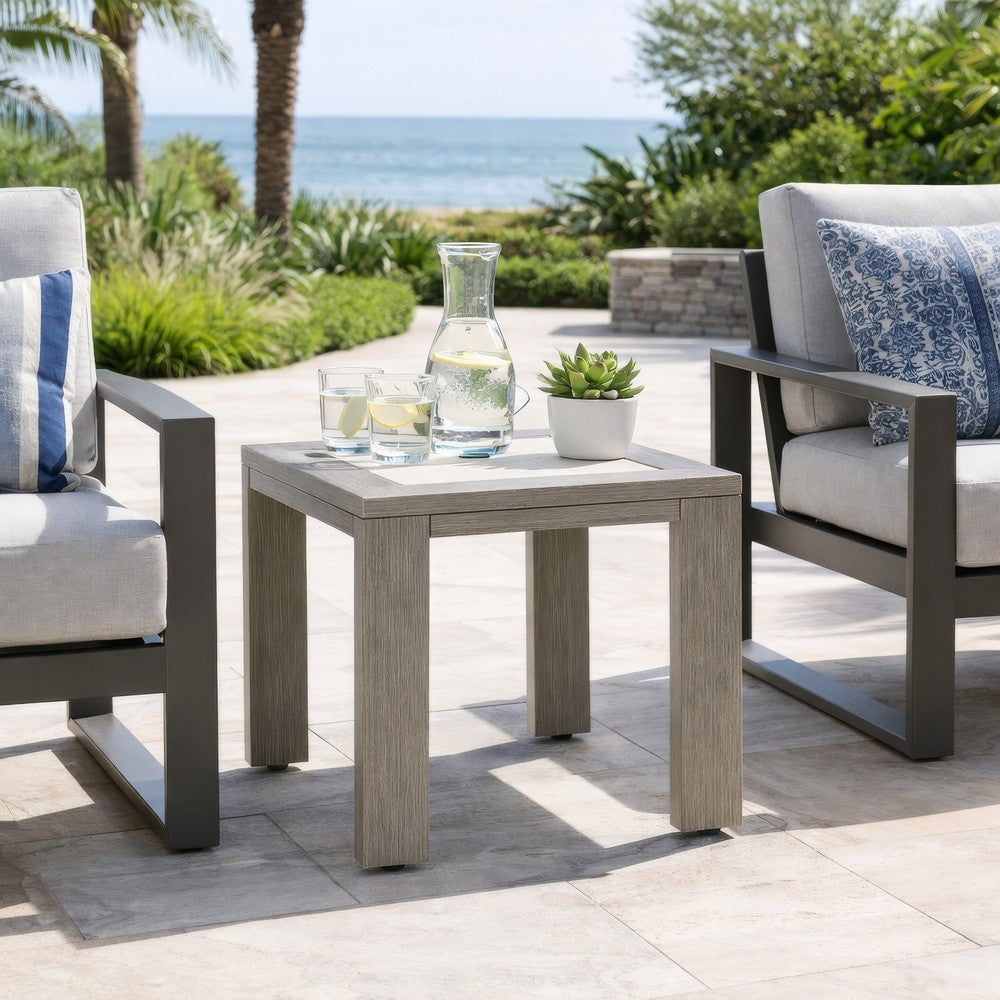 Isle Outdoor Square End Table, Woodlike Grayish Brown Metal, 22 Inch -BM329002