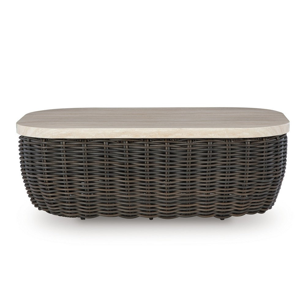 Kimo Outdoor Cocktail Coffee Table, Brown Wicker Details, 50 Inch -BM329005