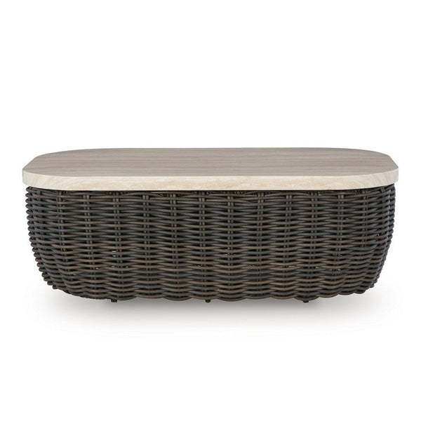 Kimo Outdoor Cocktail Coffee Table, Brown Wicker Details, 50 Inch -BM329005