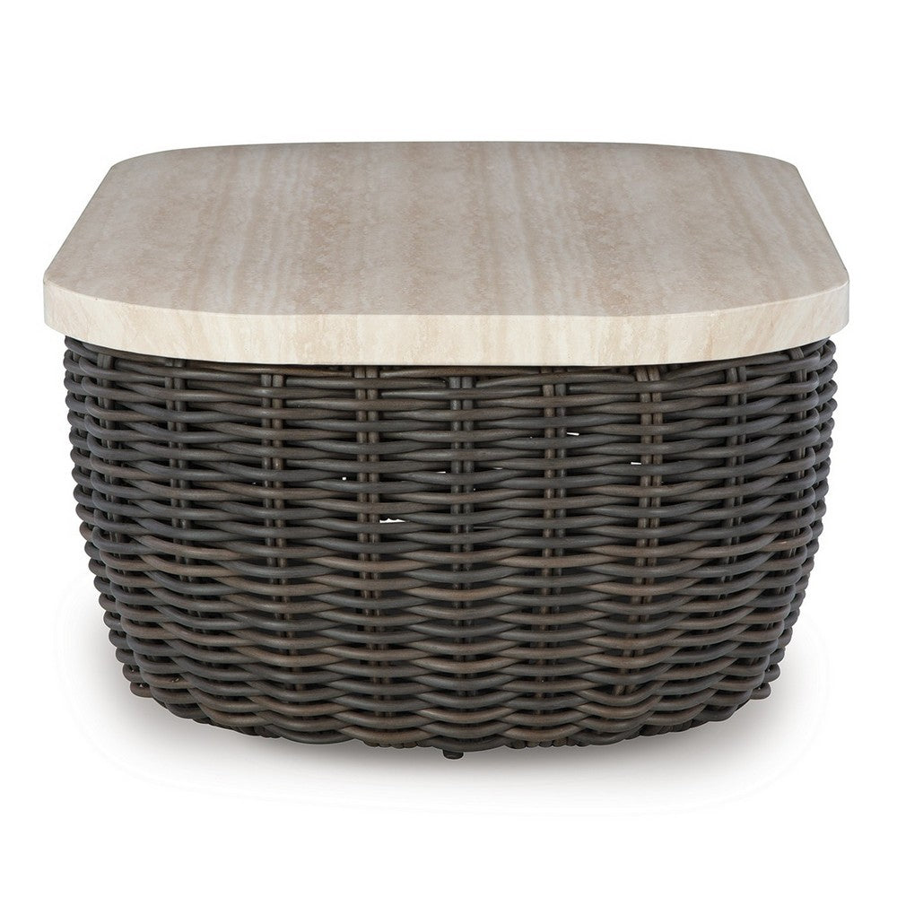 Kimo Outdoor Cocktail Coffee Table, Brown Wicker Details, 50 Inch -BM329005