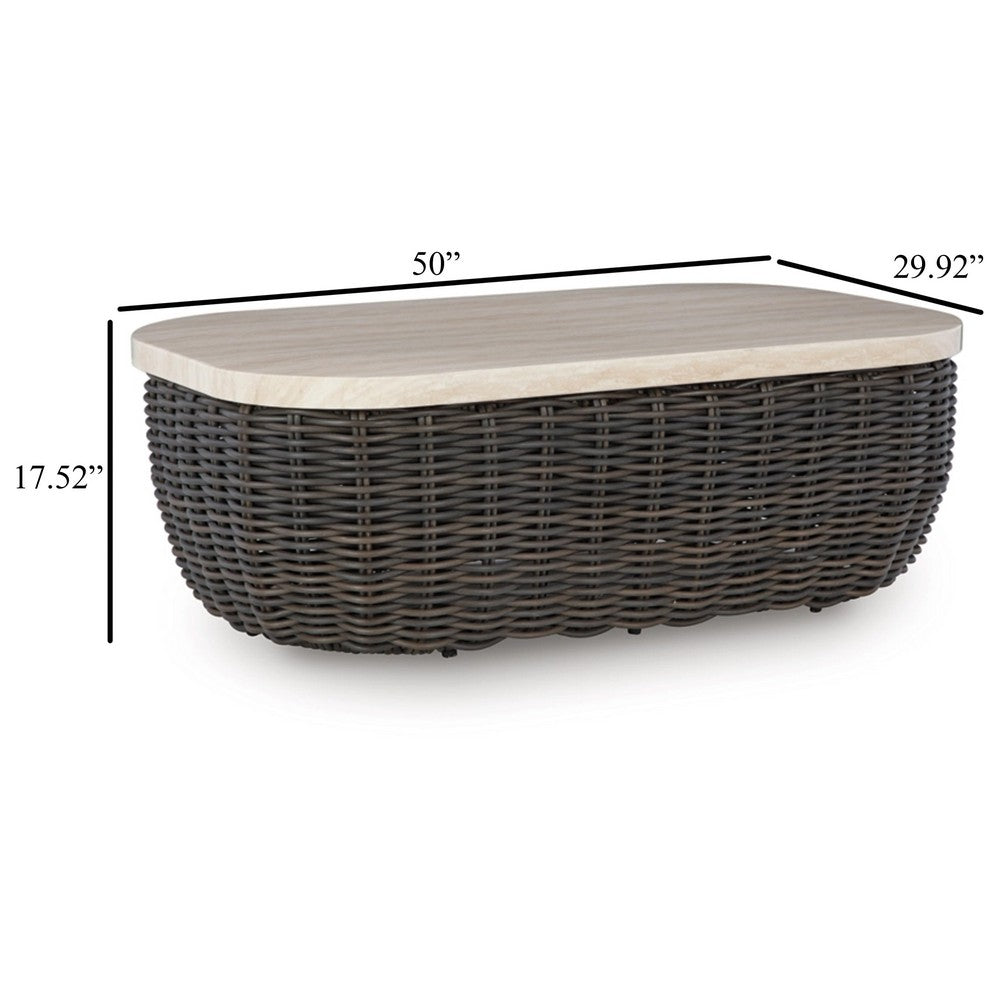 Kimo Outdoor Cocktail Coffee Table, Brown Wicker Details, 50 Inch -BM329005