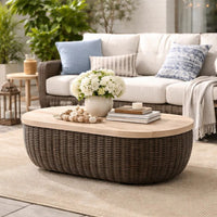 Kimo Outdoor Cocktail Coffee Table, Brown Wicker Details, 50 Inch -BM329005