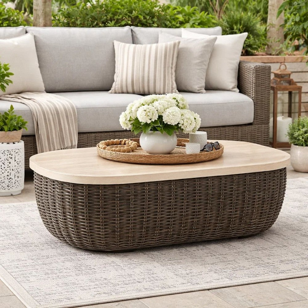 Kimo Outdoor Cocktail Coffee Table, Brown Wicker Details, 50 Inch -BM329005