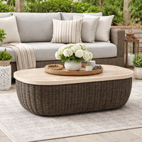 Kimo Outdoor Cocktail Coffee Table, Brown Wicker Details, 50 Inch -BM329005