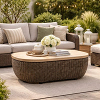 Kimo Outdoor Cocktail Coffee Table, Brown Wicker Details, 50 Inch -BM329005