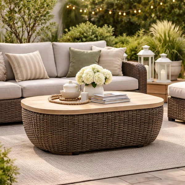 Kimo Outdoor Cocktail Coffee Table, Brown Wicker Details, 50 Inch -BM329005
