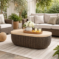 Kimo Outdoor Cocktail Coffee Table, Brown Wicker Details, 50 Inch -BM329005