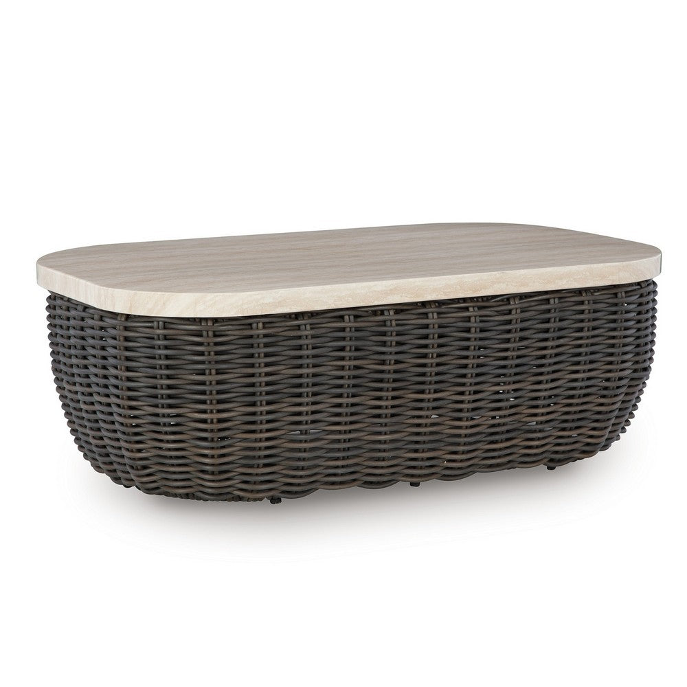 Kimo Outdoor Cocktail Coffee Table, Brown Wicker Details, 50 Inch -BM329005