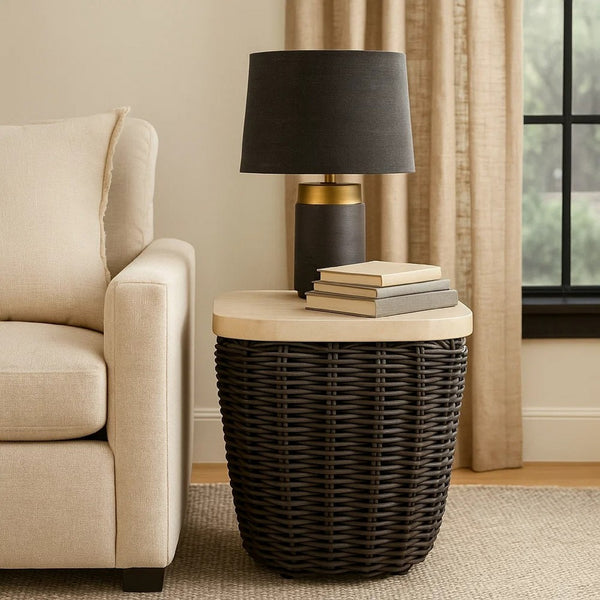 Kimo Outdoor Square End Table, Dark Brown Wicker Details, 23 Inch -BM329006