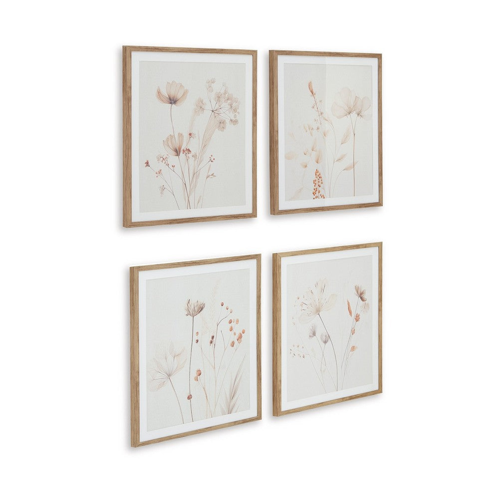 Corwin Wall Art Set of 4, Simple Flowers, Light Brown Wood Frame 23x27 -BM329058