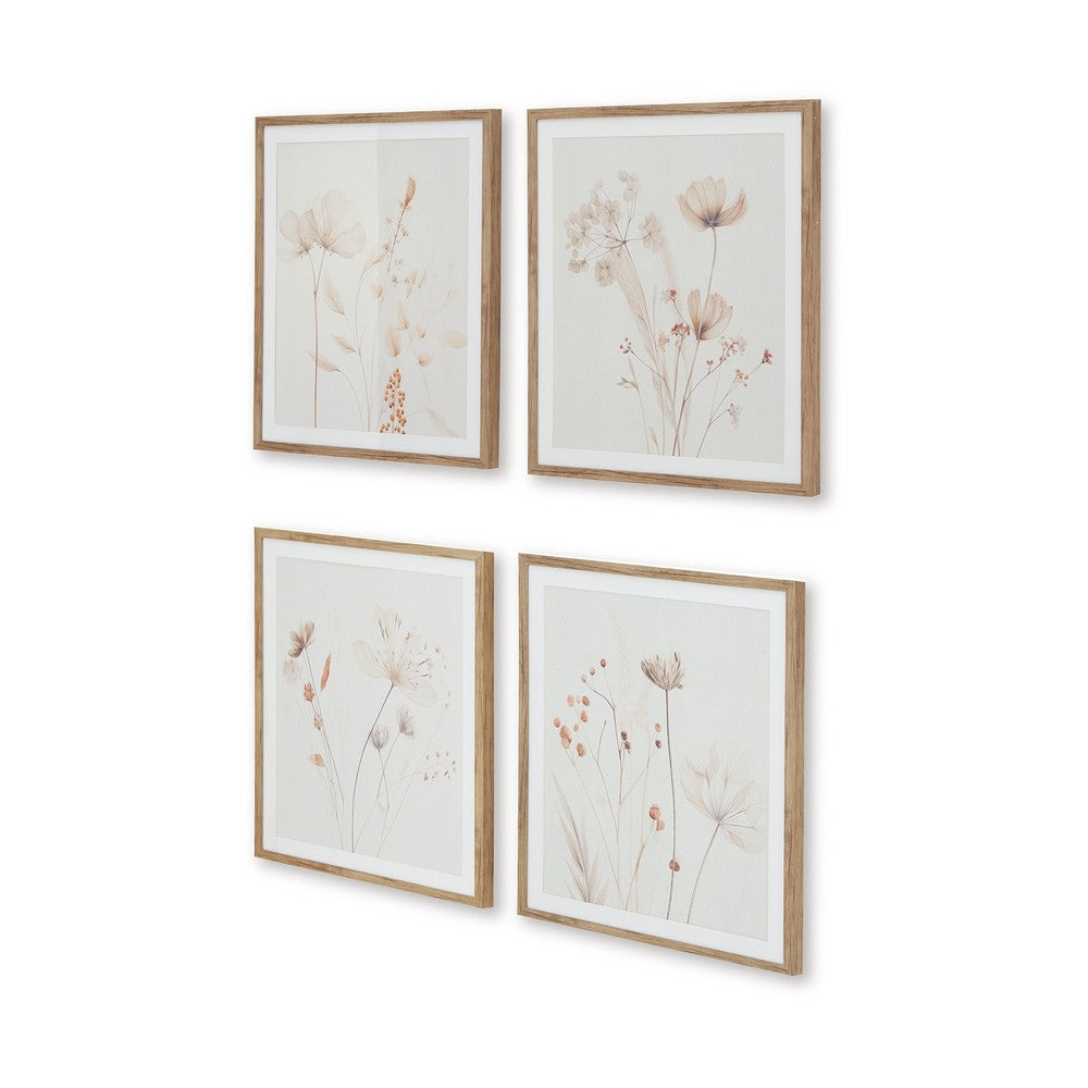 Corwin Wall Art Set of 4, Simple Flowers, Light Brown Wood Frame 23x27 -BM329058