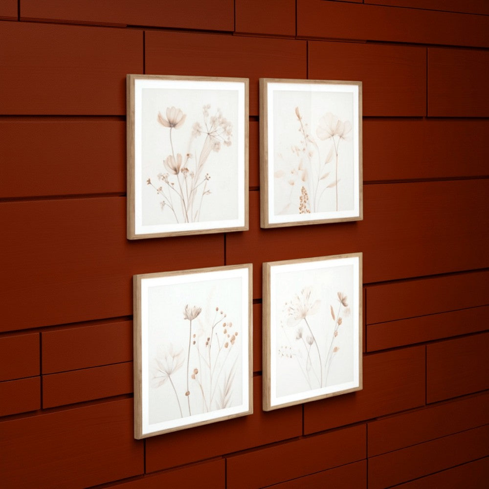 Corwin Wall Art Set of 4, Simple Flowers, Light Brown Wood Frame 23x27 -BM329058