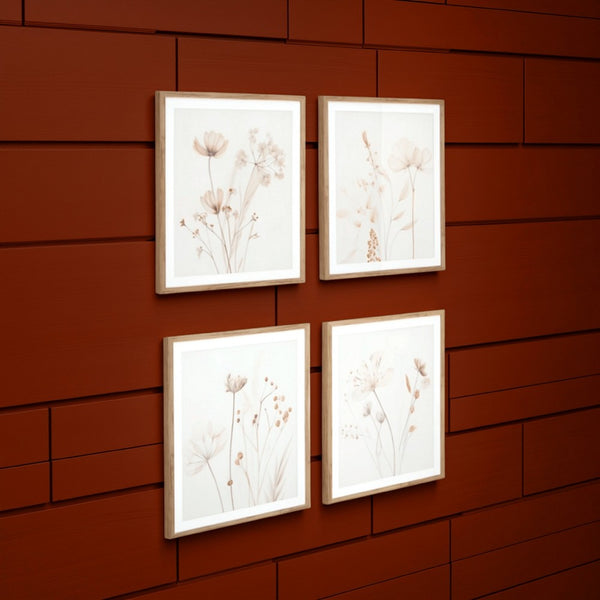 Corwin Wall Art Set of 4, Simple Flowers, Light Brown Wood Frame 23x27 -BM329058