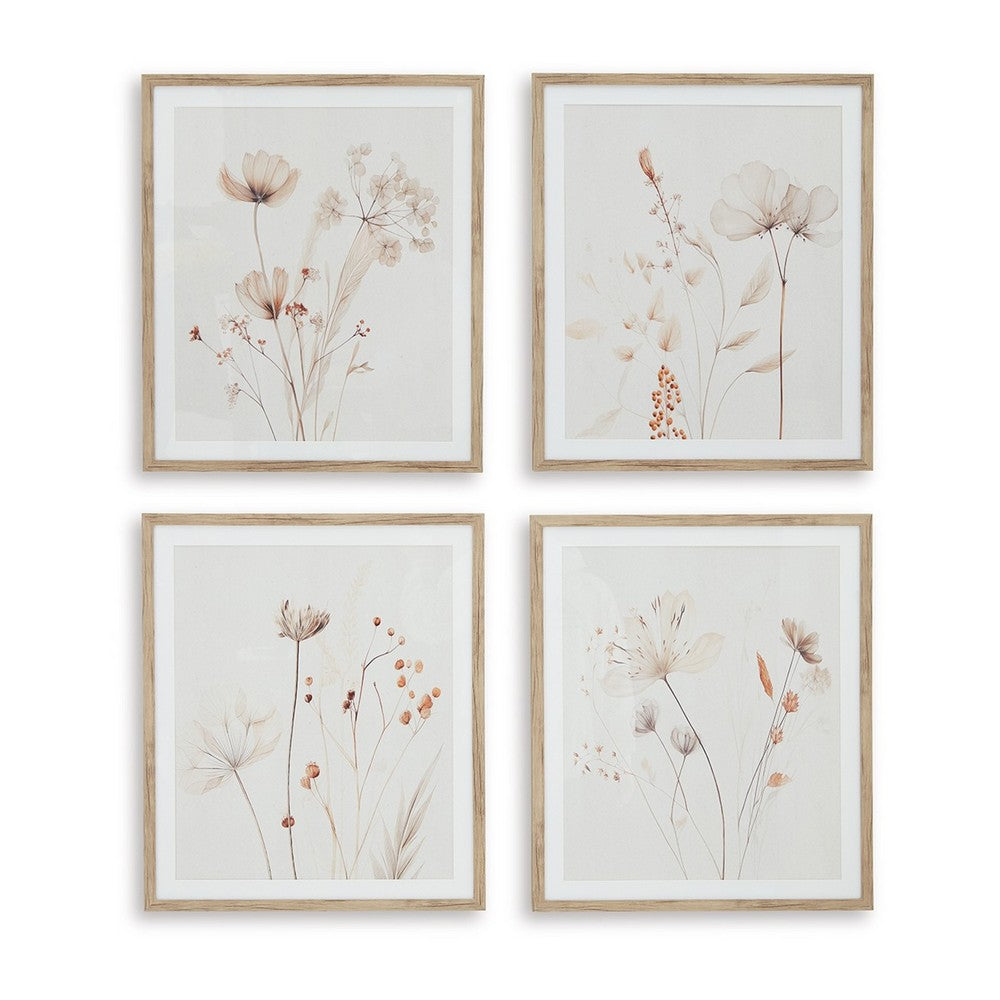 Corwin Wall Art Set of 4, Simple Flowers, Light Brown Wood Frame 23x27 -BM329058