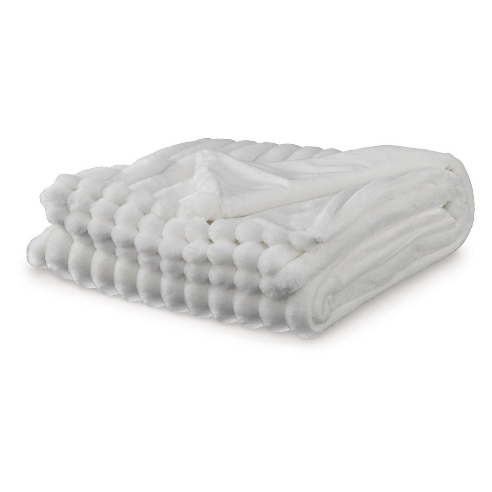 Visha Throw Blanket, Jacquard Faux Fur Stripes, Modern White Polyester -BM329066