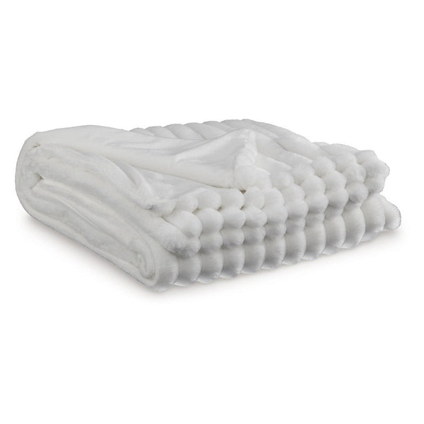 Visha Throw Blanket, Jacquard Faux Fur Stripes, Modern White Polyester -BM329066