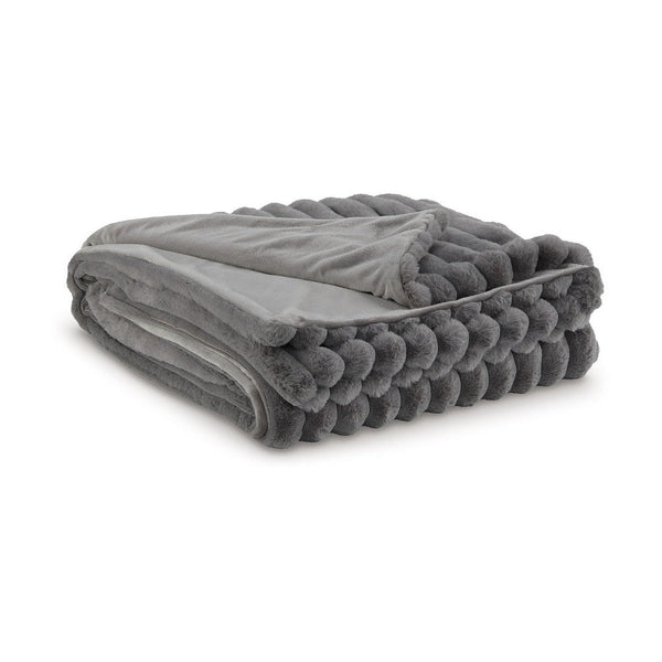 Visha Throw Blanket, Jacquard Faux Fur Stripes, Modern Gray Polyester -BM329067