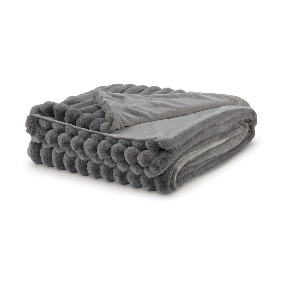 Visha Throw Blanket, Jacquard Faux Fur Stripes, Modern Gray Polyester -BM329067