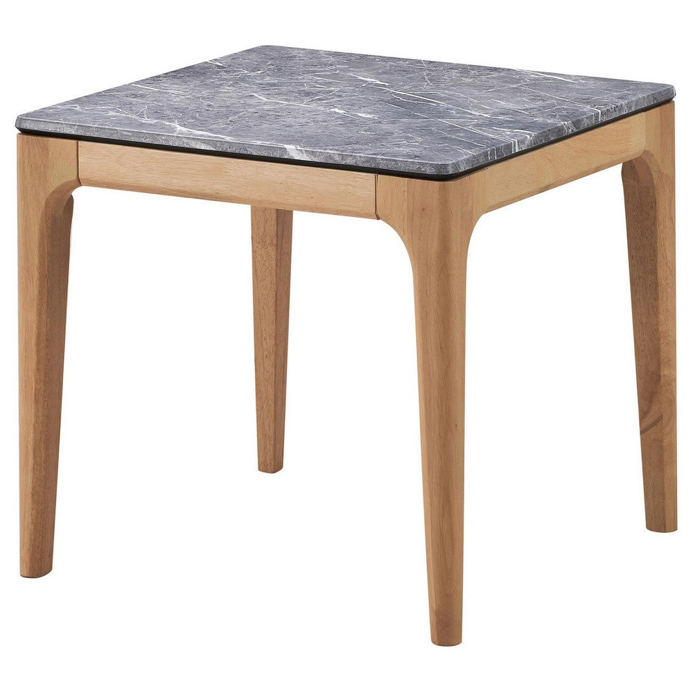 Aris Side End Table, 24 Inch Gray Faux Marble, Square Light Oak Wood -BM329072